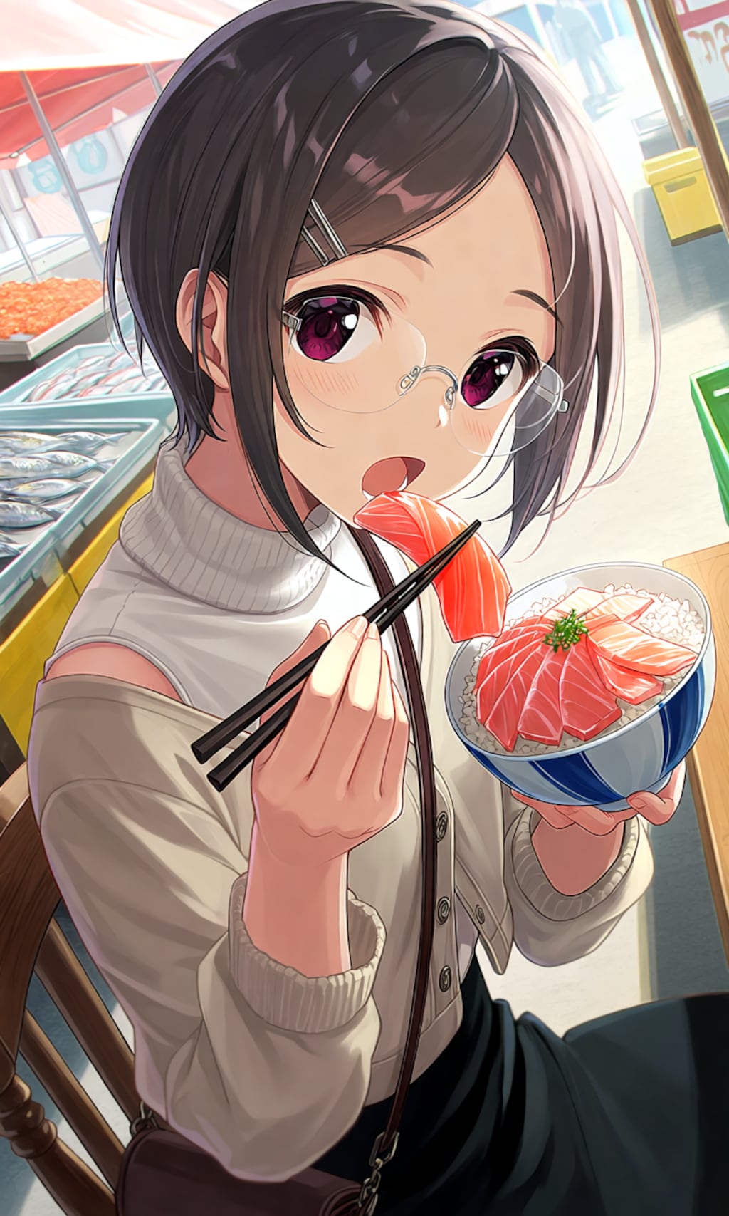 屋台で定番の海鮮丼を食べる眼鏡っ娘
