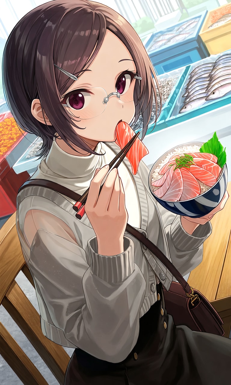 屋台で定番の海鮮丼を食べる眼鏡っ娘