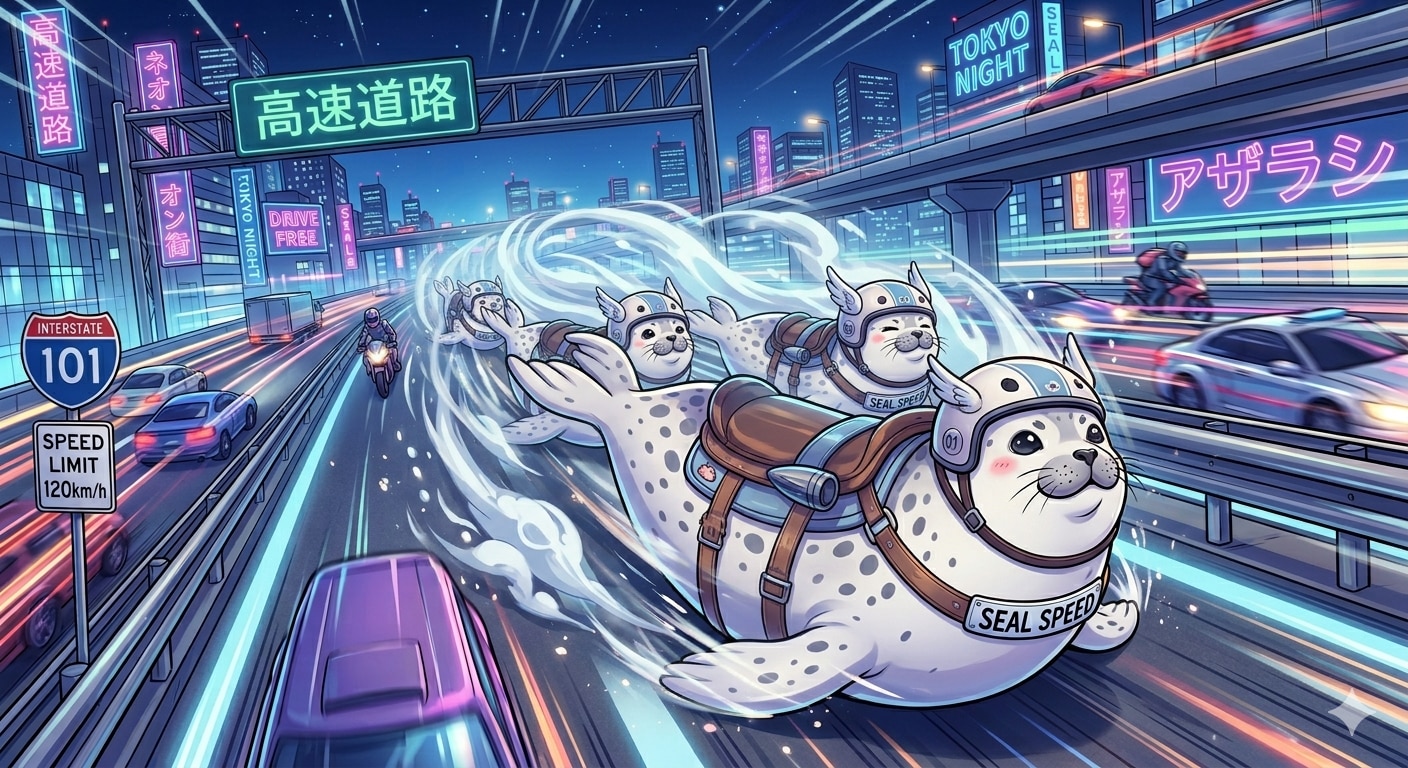 高速道路上を隊列を組んで疾走するアザラシ | の人気AIイラスト・グラビア
