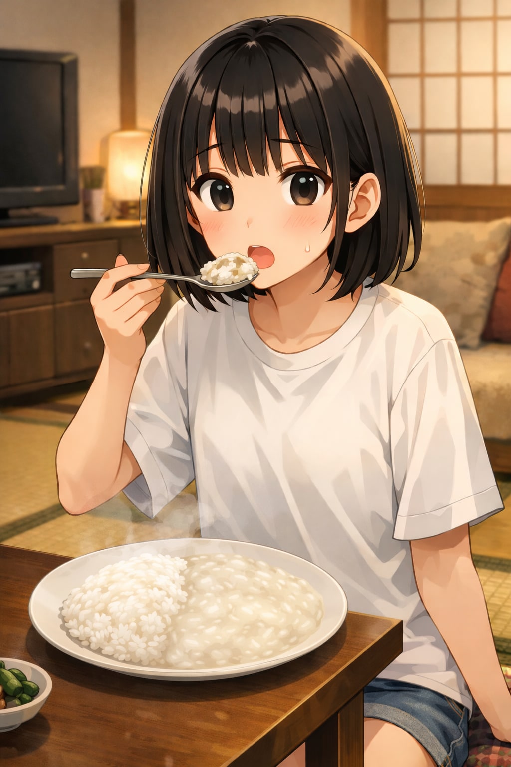 おかゆライスを食べている女の子