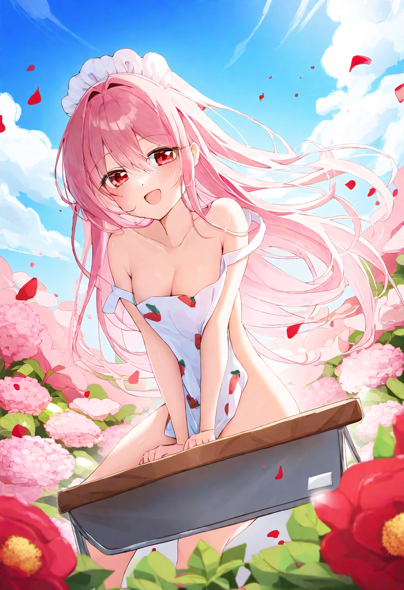 In a pink flower garden with a clear blue sky