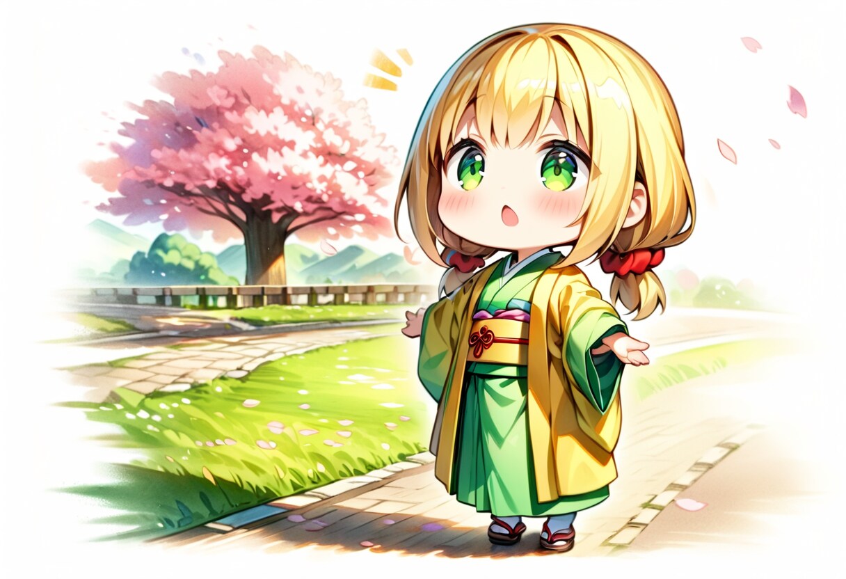 桜並木と着物の茉莉花ちゃん
