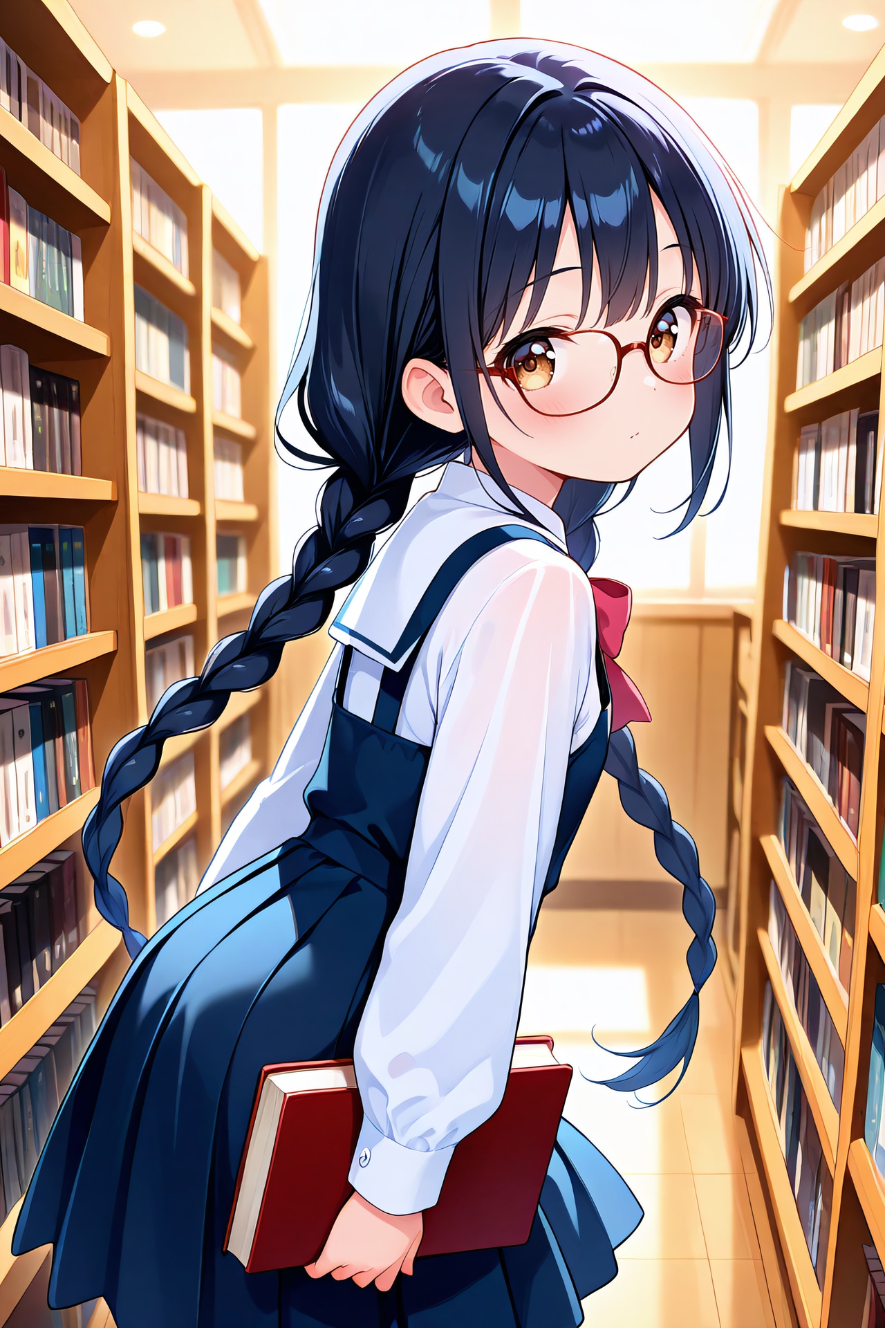 三つ編み、眼鏡、本。