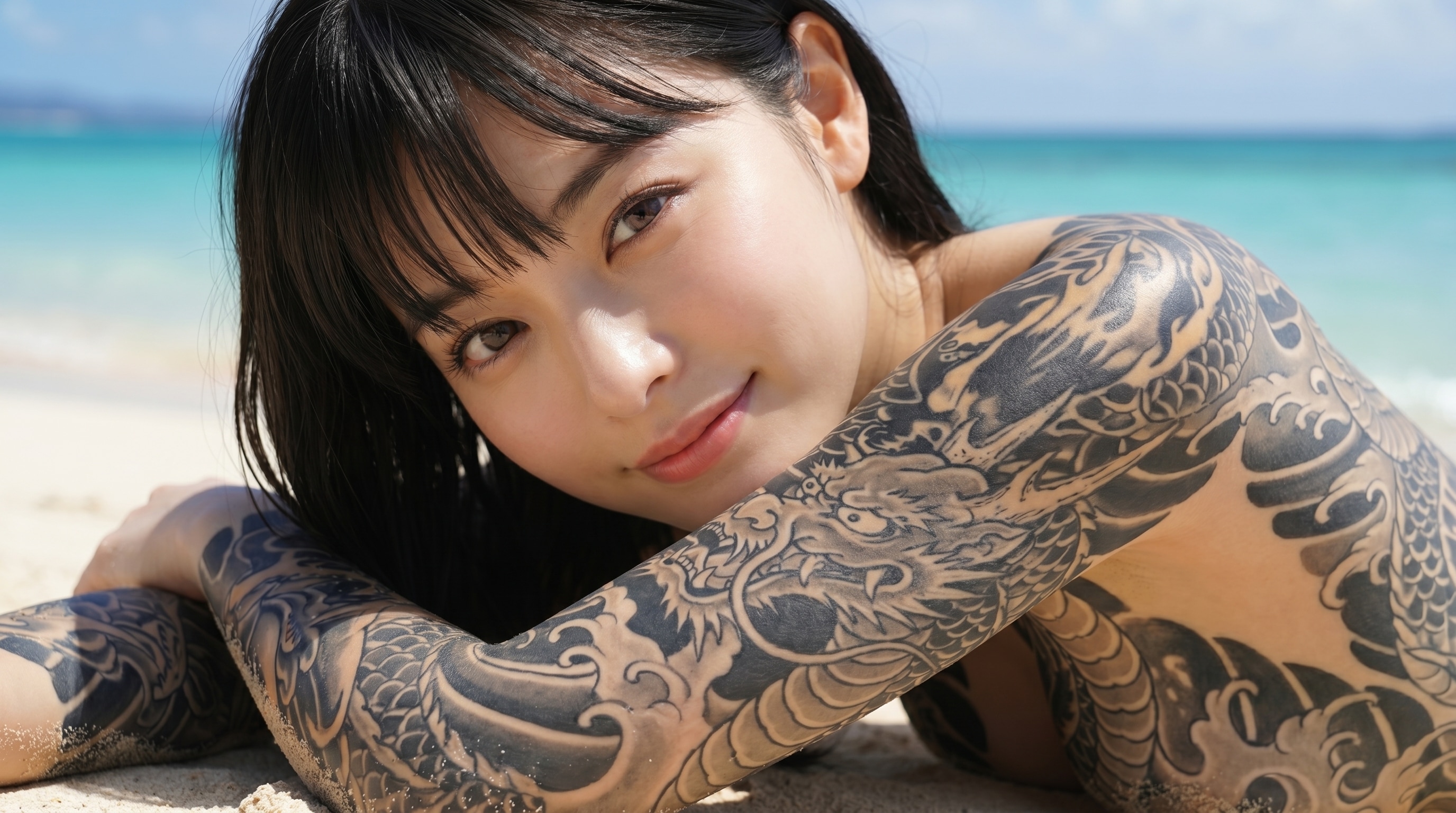 ボディーペイントさん海辺でリラックス