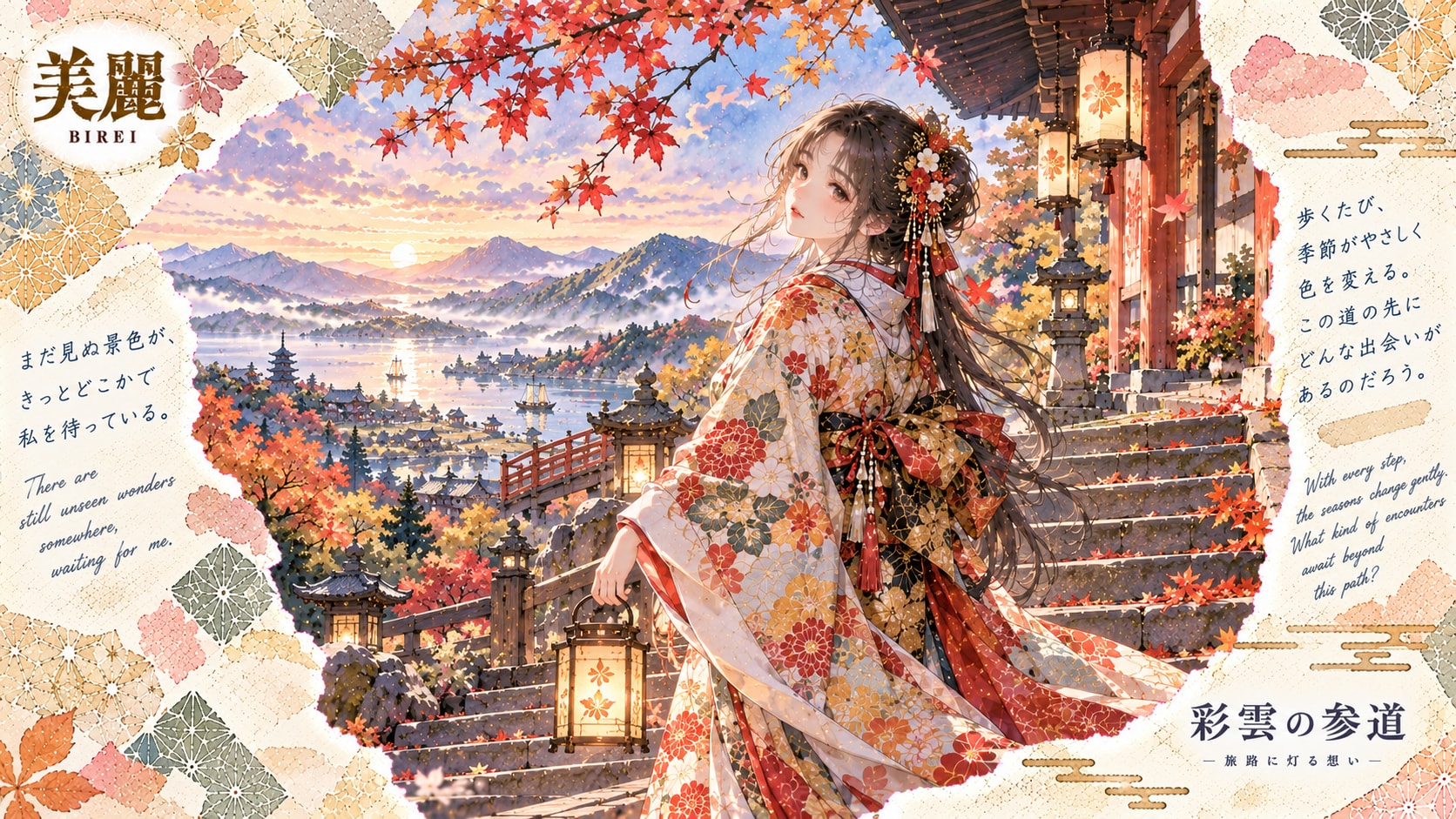 A kimono traveler pausing beneath maple leaves, a lakeside town glowing gold at sunset below.  There | の人気AIイラスト・グラビア