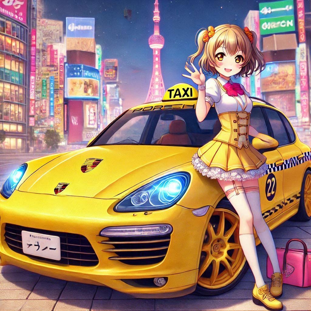 ラブライブキャラとポルシェカイエンイエロータクシー