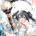 水墨画を描く魔法少女の水彩画 2枚目