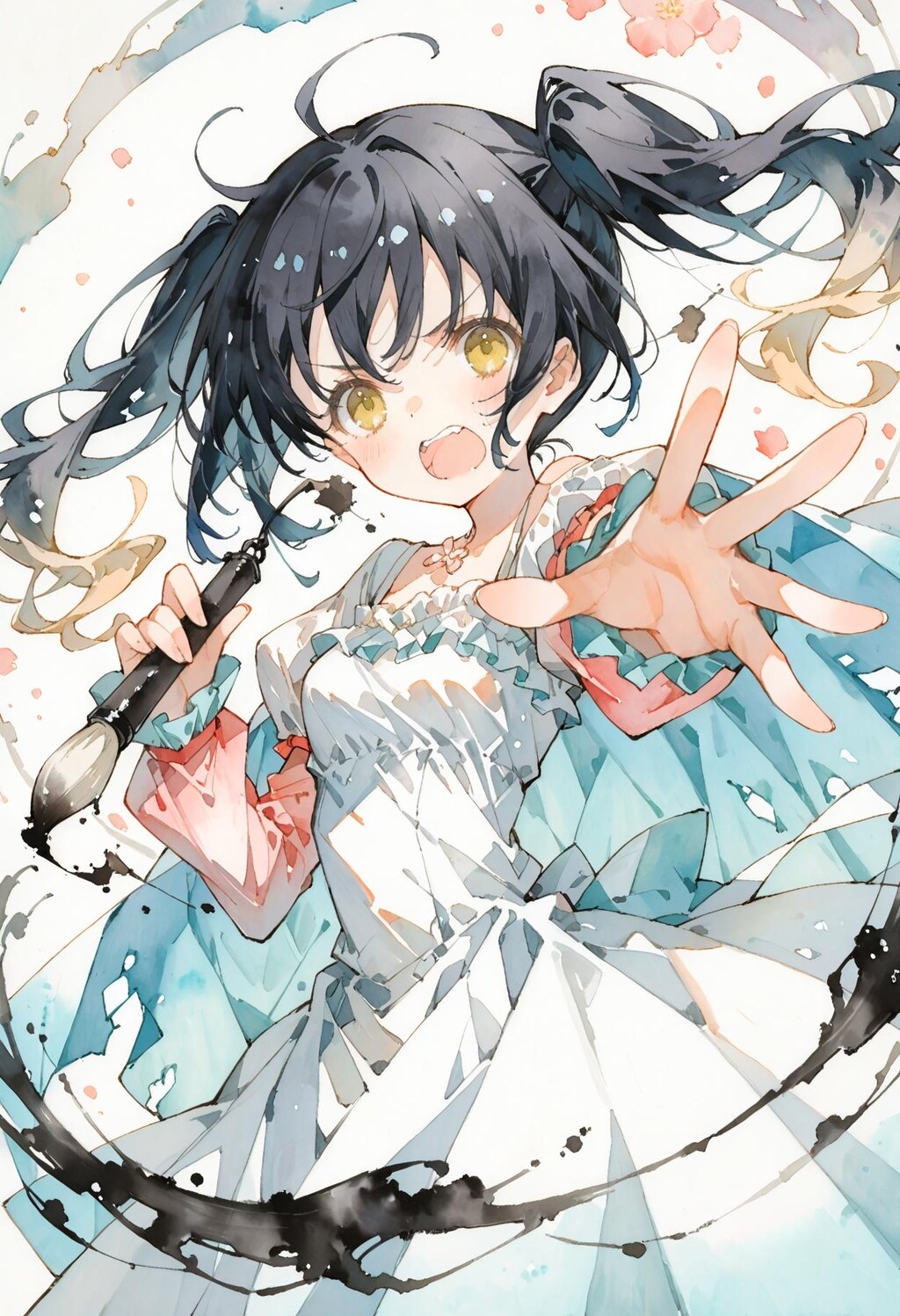 水墨画を描く魔法少女の水彩画