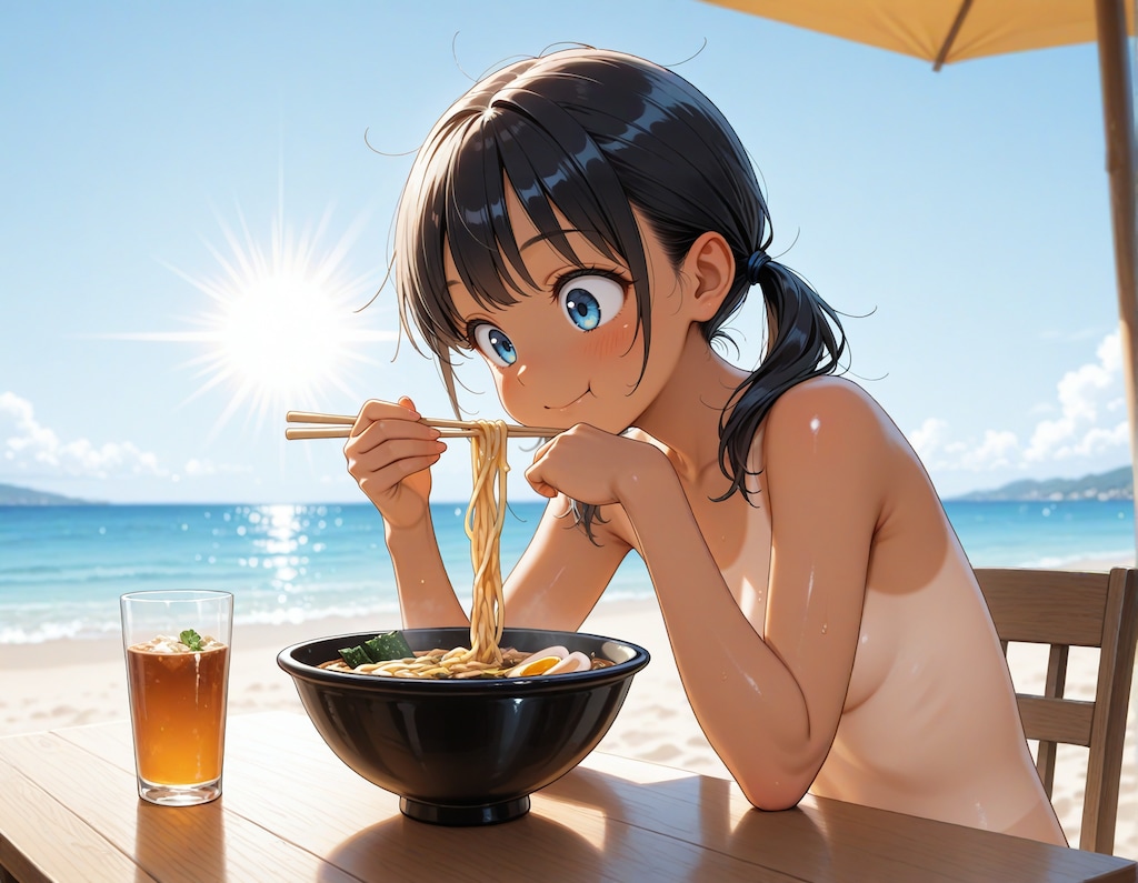 夏真っ盛りのツインテちゃん・ヌードでラーメン
