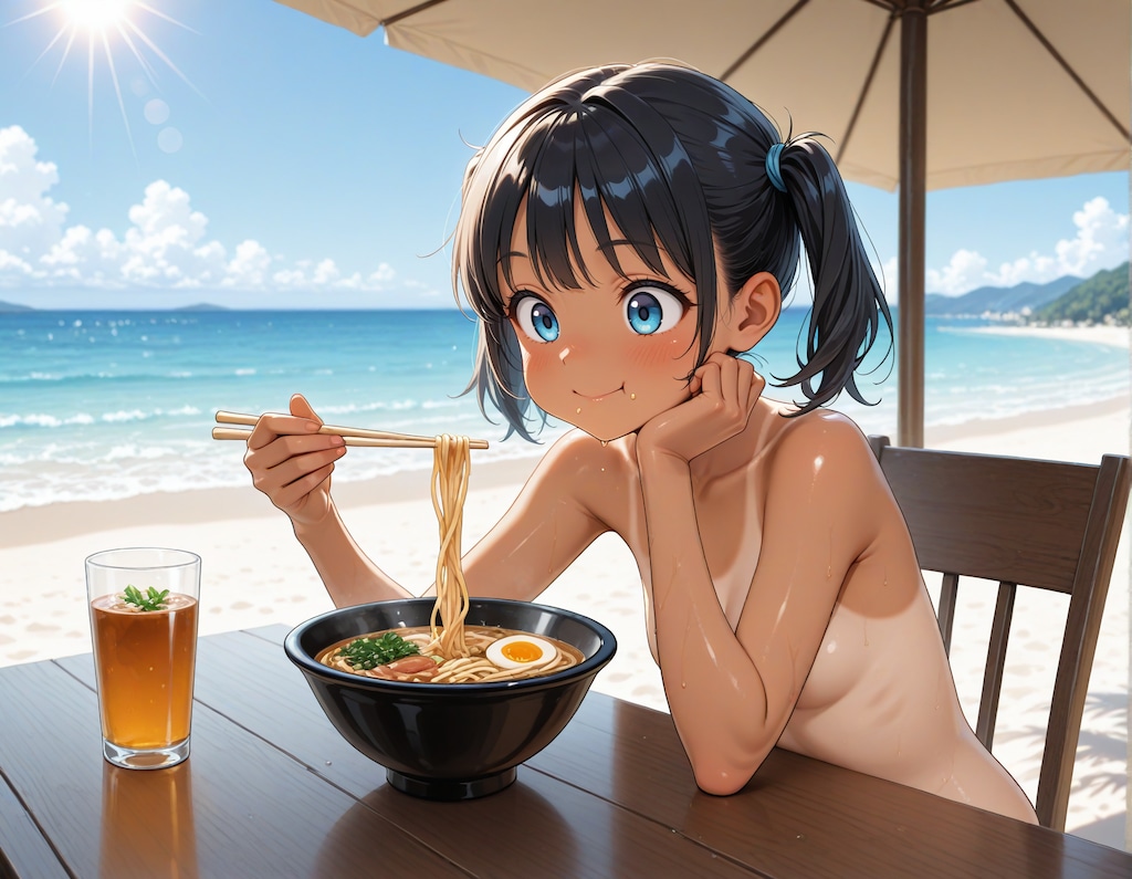 夏真っ盛りのツインテちゃん・ヌードでラーメン