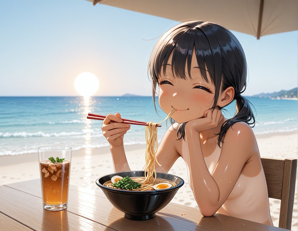 夏真っ盛りのツインテちゃん・ヌードでラーメン