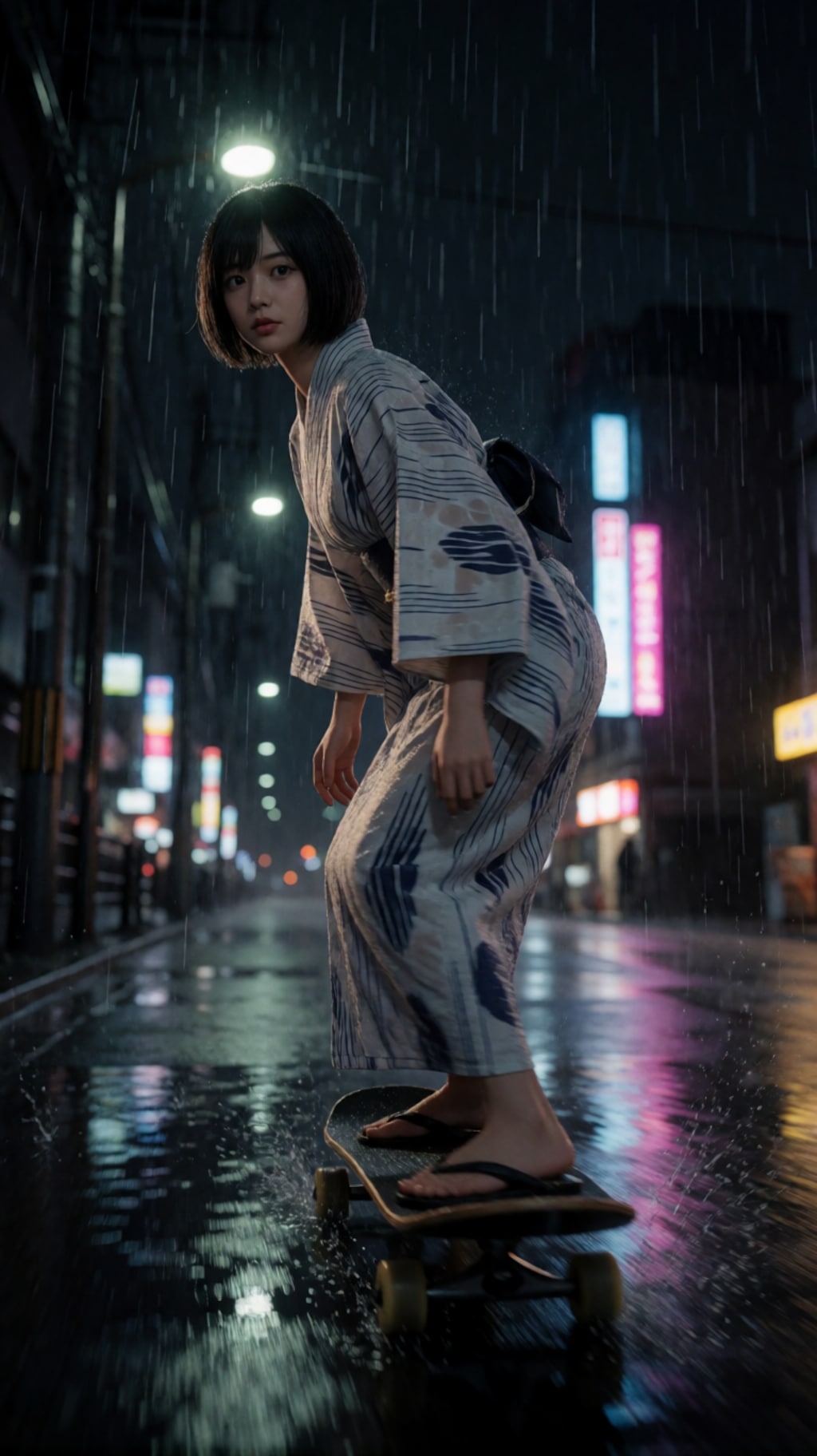 夏の思い出（雨の中、浴衣を着て深夜の街でパンピングで移動する女）