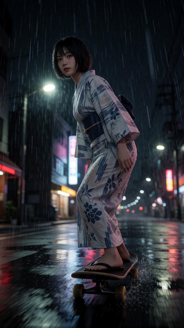 夏の思い出（雨の中、浴衣を着て深夜の街でパンピングで移動する女） | の人気AIイラスト・グラビア