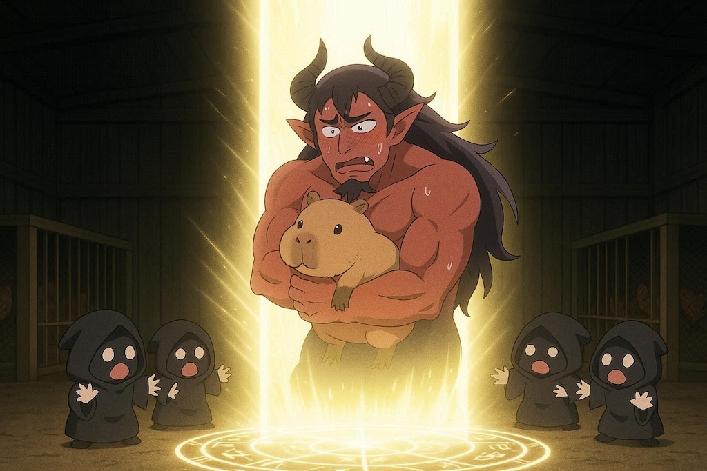 闇の呪術の儀式で魔法陣から宇宙で一番かわいいカピバラの召喚に挑むが光の柱からは宇宙で一番かわいいカピバラを抱きしめている◯◯が巻き添えで召喚される