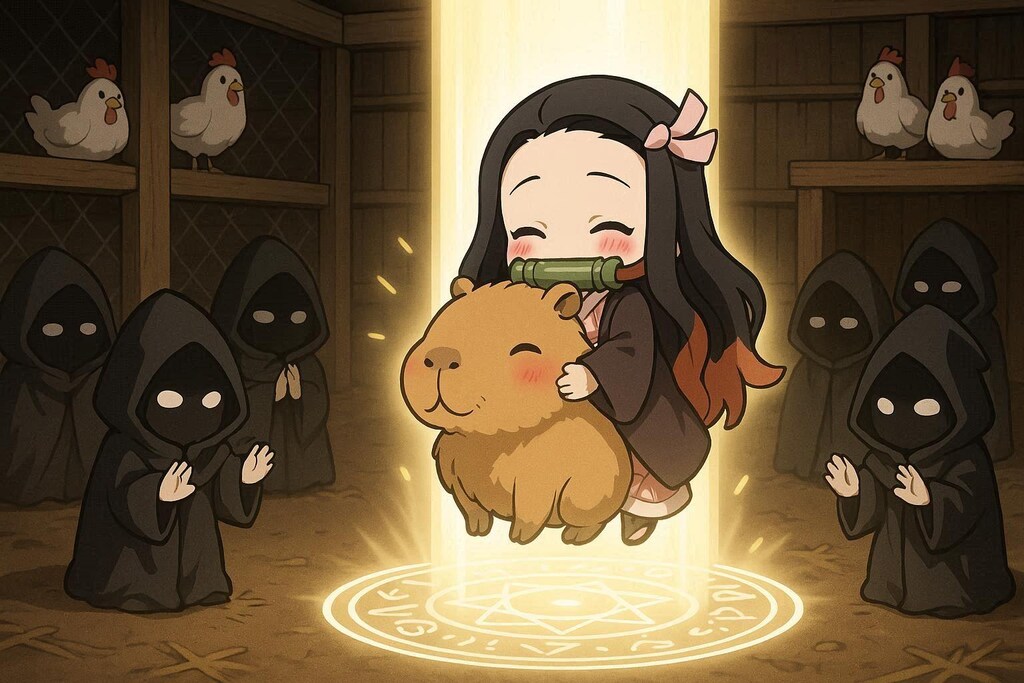 闇の呪術の儀式で魔法陣から宇宙で一番かわいいカピバラの召喚に挑むが光の柱からは宇宙で一番かわいいカピバラを抱きしめている◯◯が巻き添えで召喚される