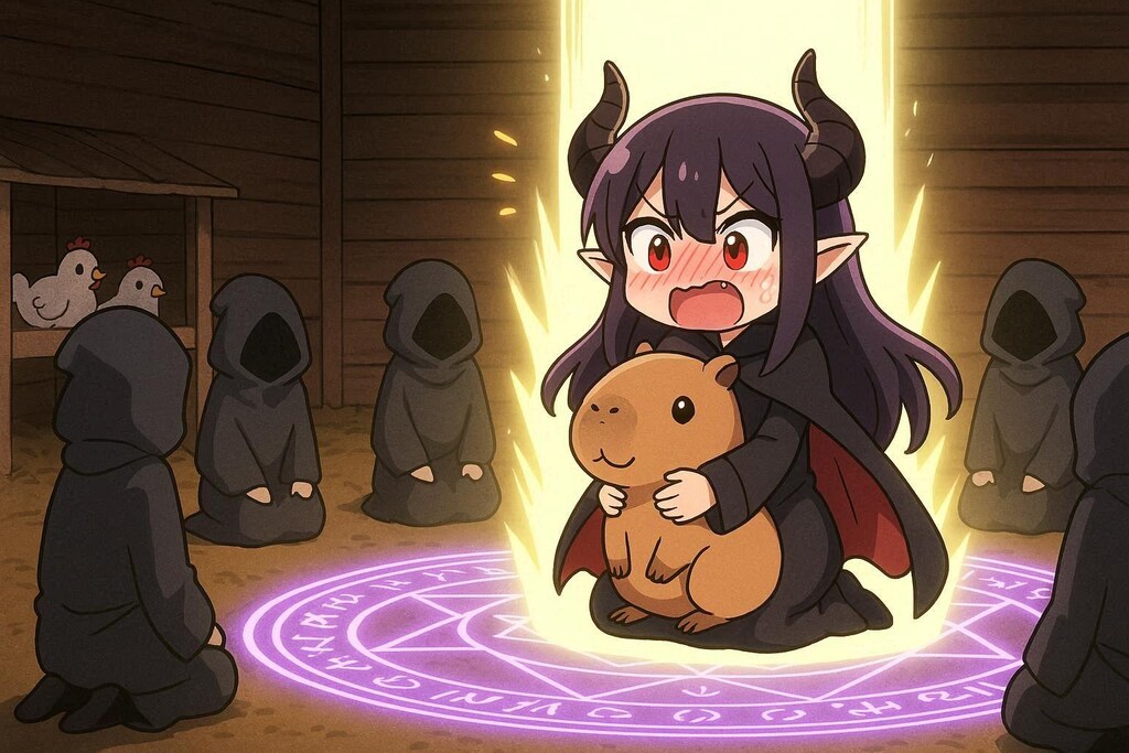 闇の呪術の儀式で魔法陣から宇宙で一番かわいいカピバラの召喚に挑むが光の柱からは宇宙で一番かわいいカピバラを抱きしめている◯◯が巻き添えで召喚される