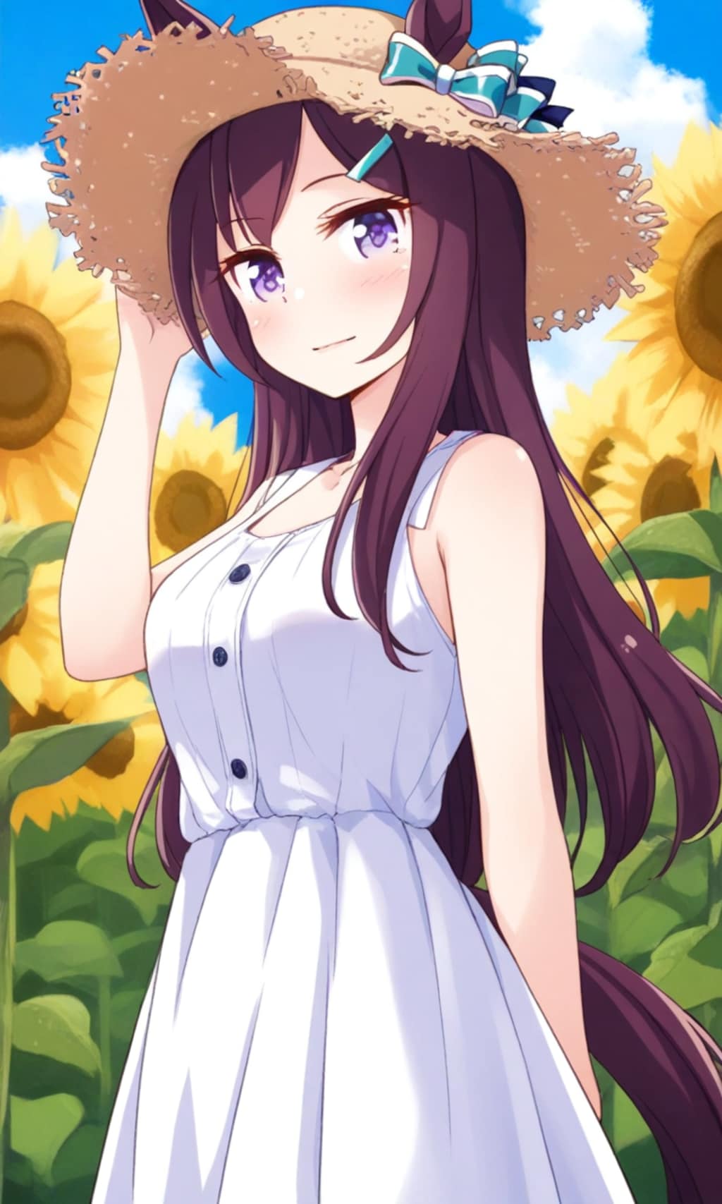 メジロドーベル 麦わら帽子とワンピース ひまわり畑