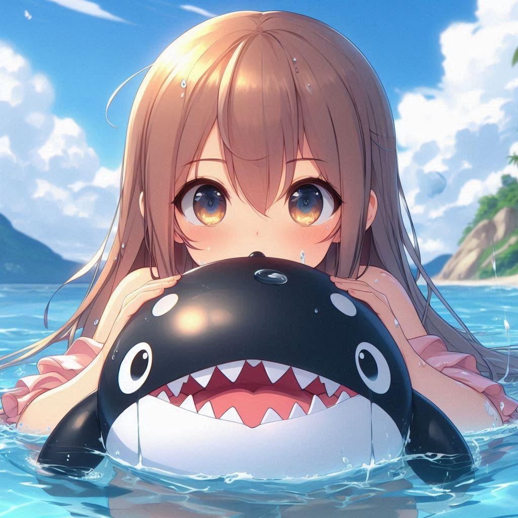 シャチ型の浮き輪に空気入れてる風