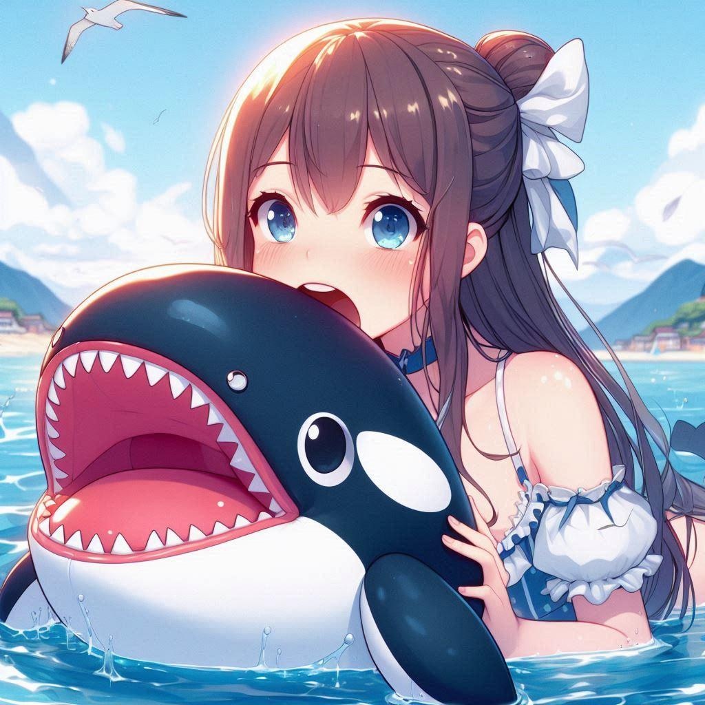 シャチ型の浮き輪に空気入れてる風