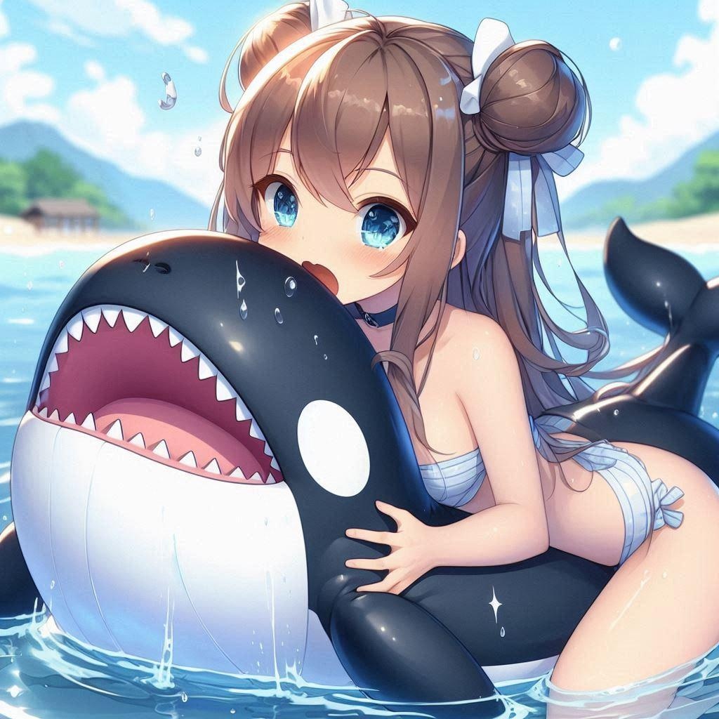 シャチ型の浮き輪に空気入れてる風