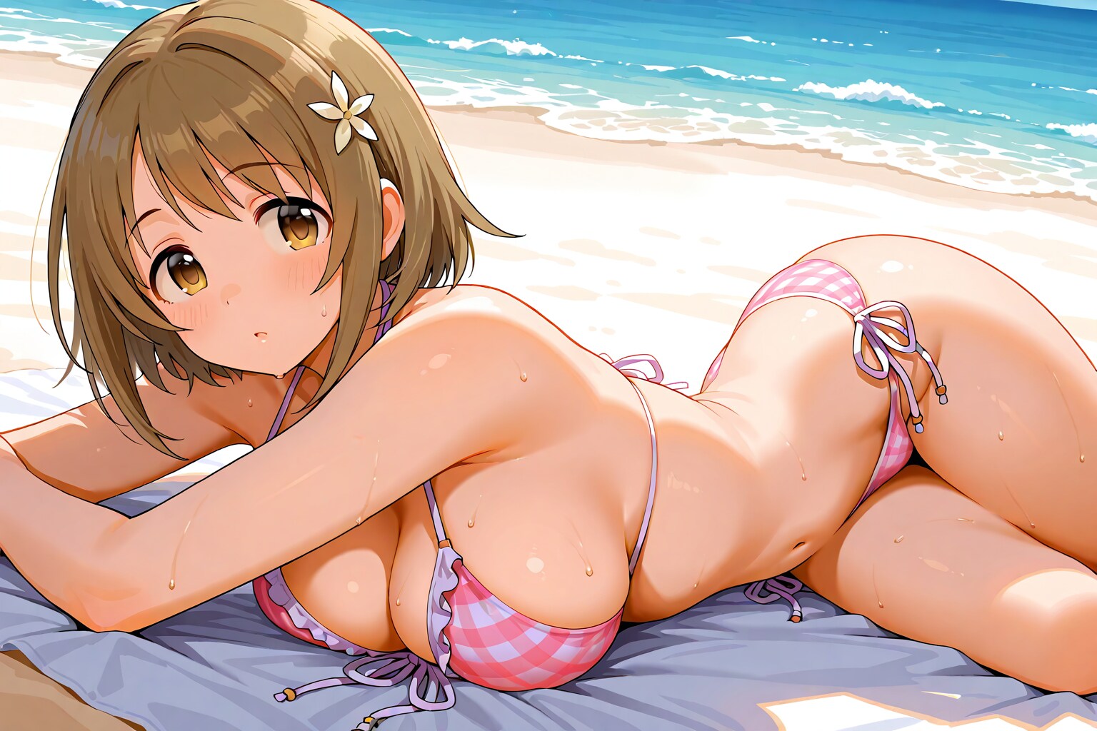 浜辺で寝そべる三村かな子