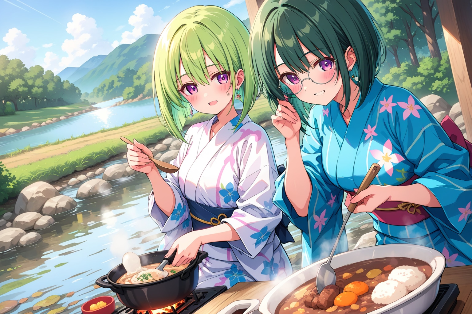 川床で料理を楽しむ