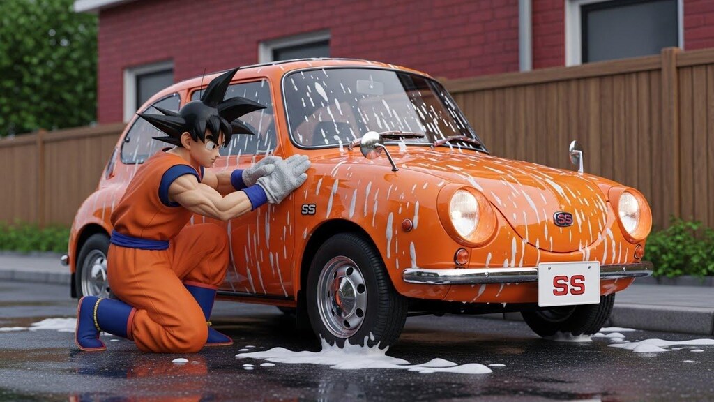 孫悟空がスバル360を洗う