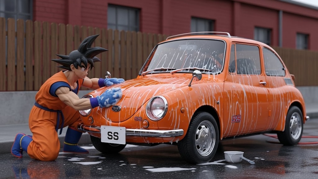 孫悟空がスバル360を洗う