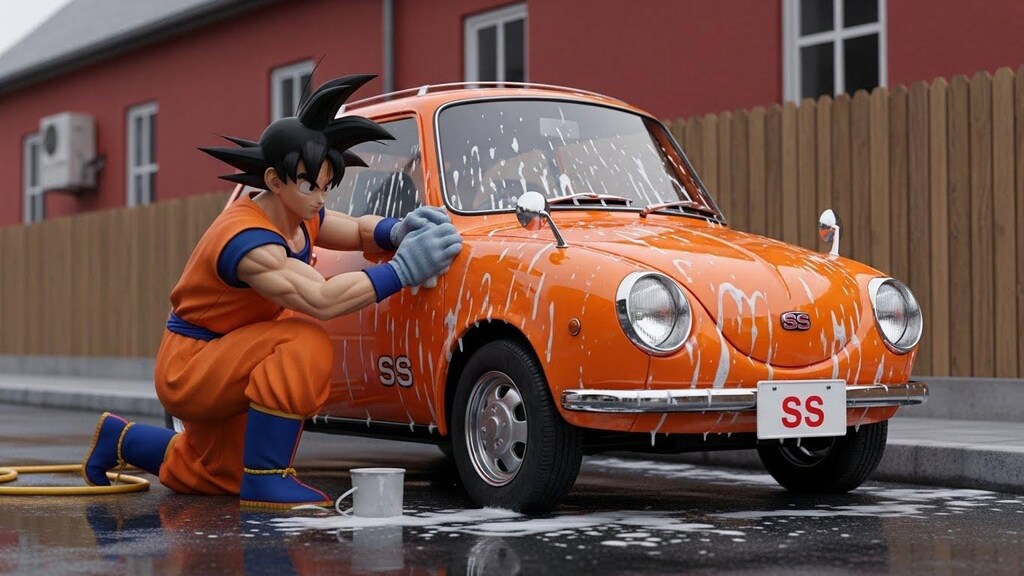 孫悟空がスバル360を洗う