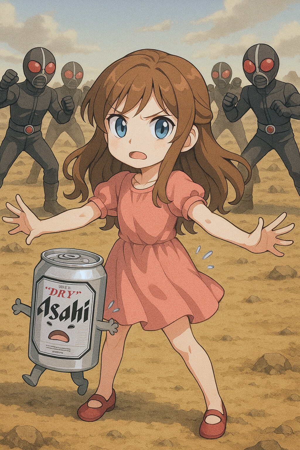怪人に襲われたビール缶と小さな女の子