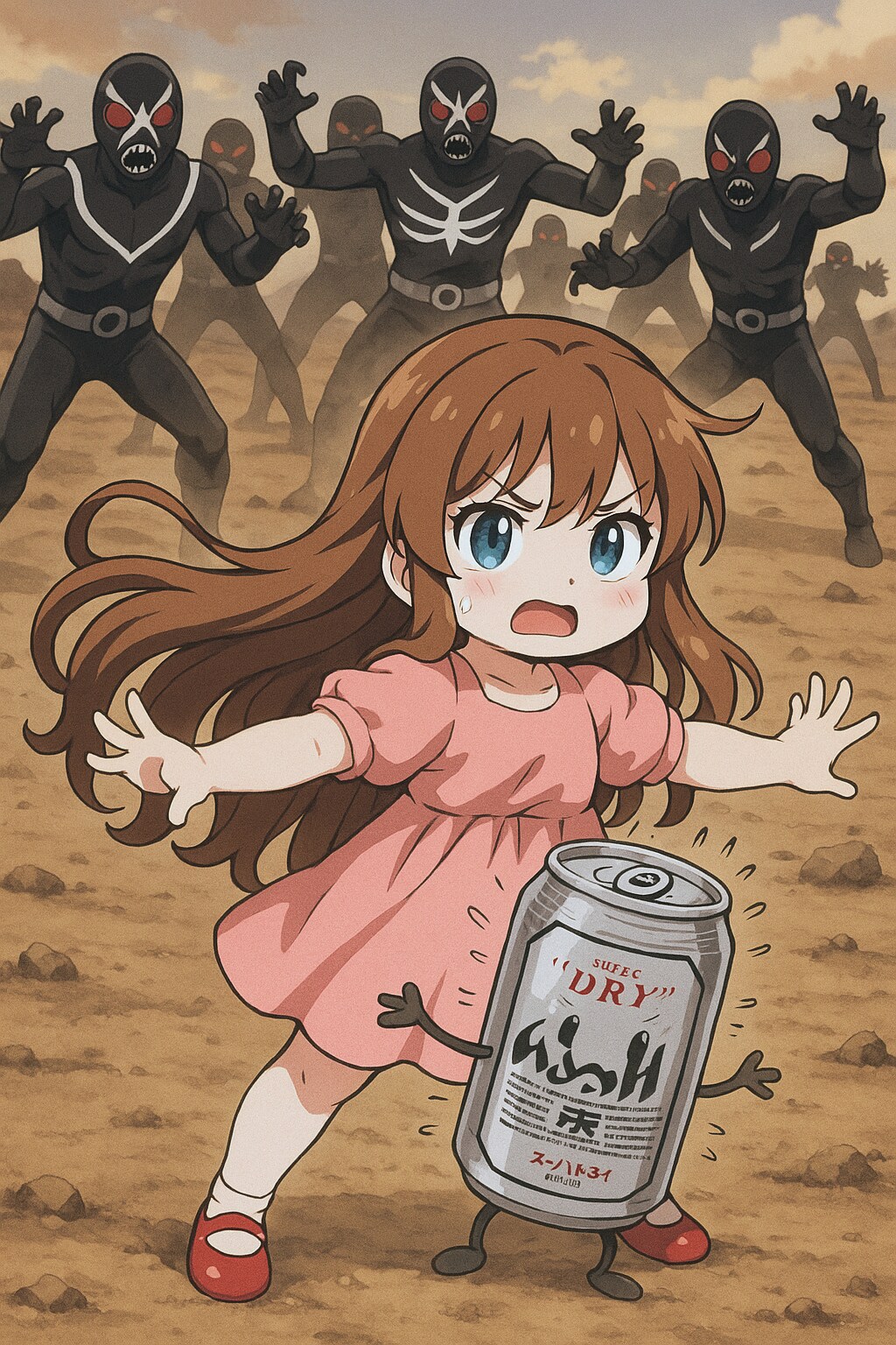 怪人に襲われたビール缶と小さな女の子