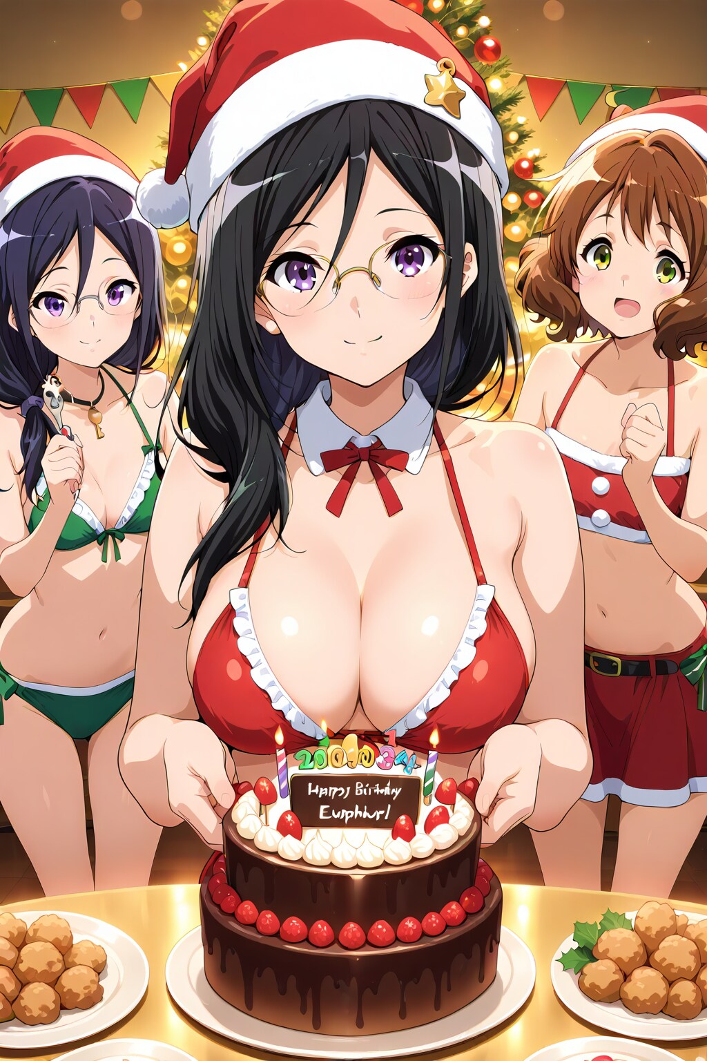 ビキニサンタ眼鏡姉妹と友達とのクリスマスパーティー👙🎅🎄🎂🍗🎉❤️(失敗)