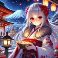 美少女ファンタジー、銀髪赤目の吸血鬼娘が振袖姿で夜の神社を参拝する正月 3枚目