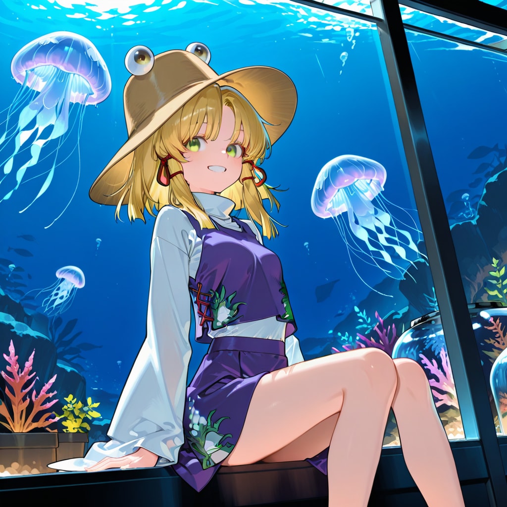 水族館でクラゲを見る諏訪子 | の人気AIイラスト・グラビア