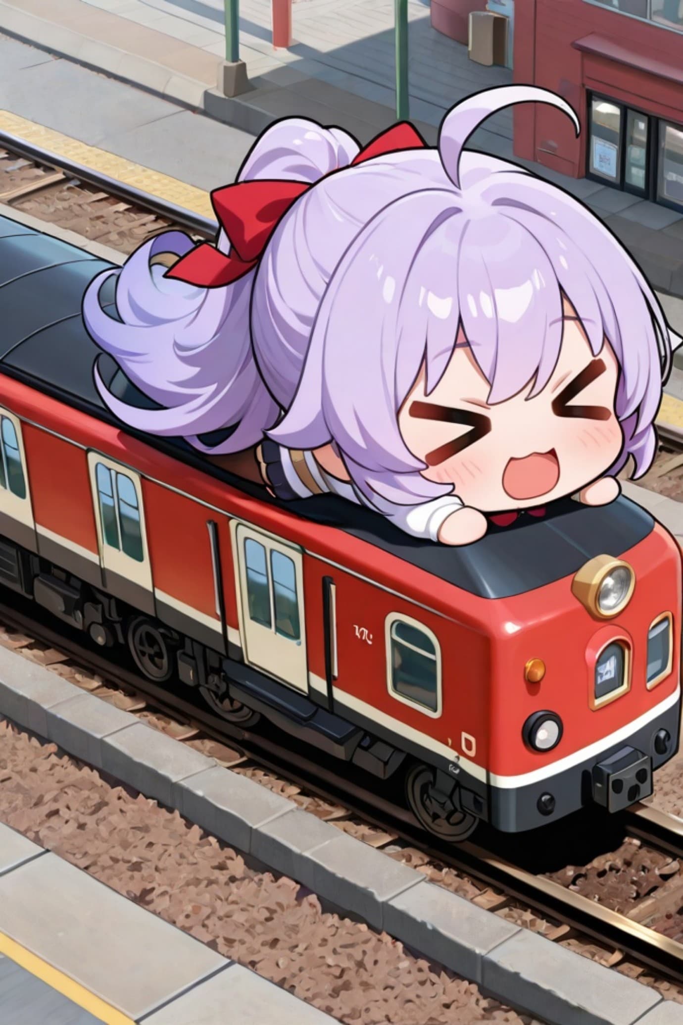 電車と紫髪ちゃん
