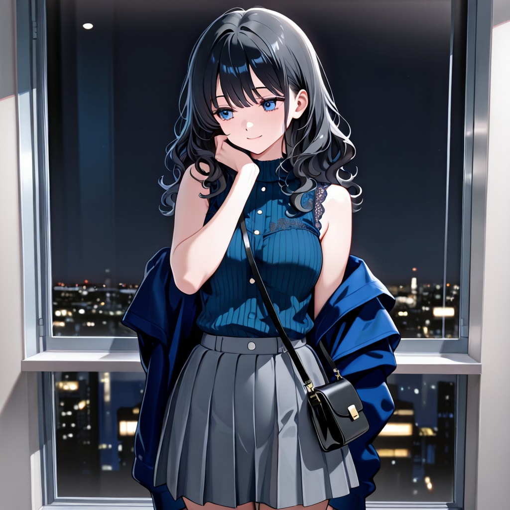 夜景の前に佇むカールした女の子 | の人気AIイラスト・グラビア