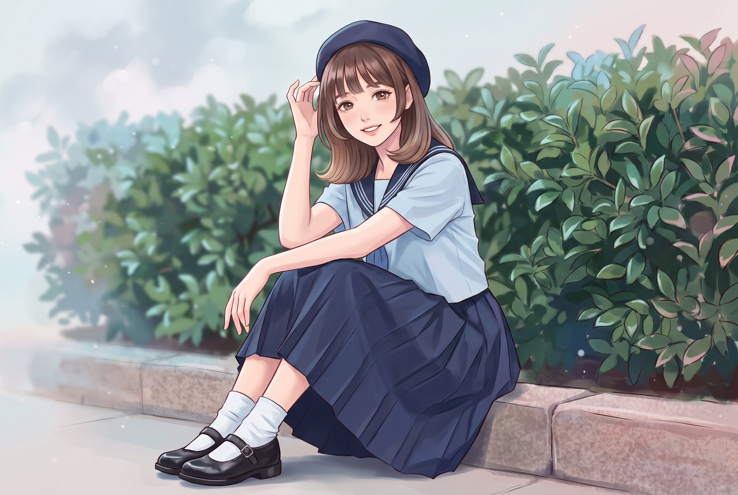 緑陰制服微笑