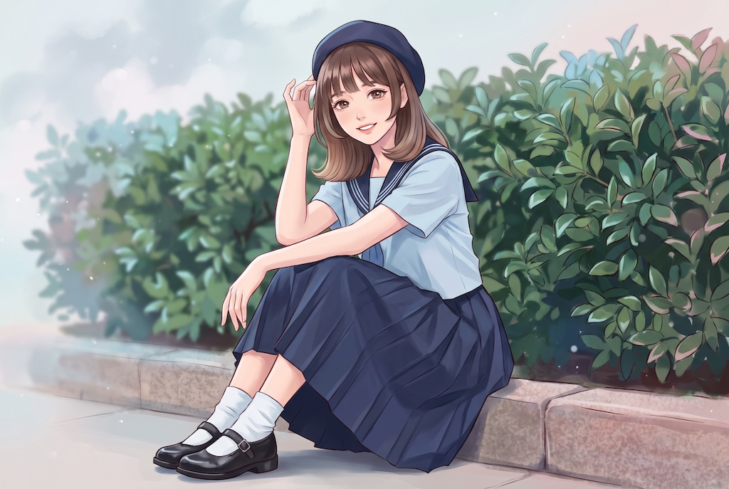 緑陰制服微笑