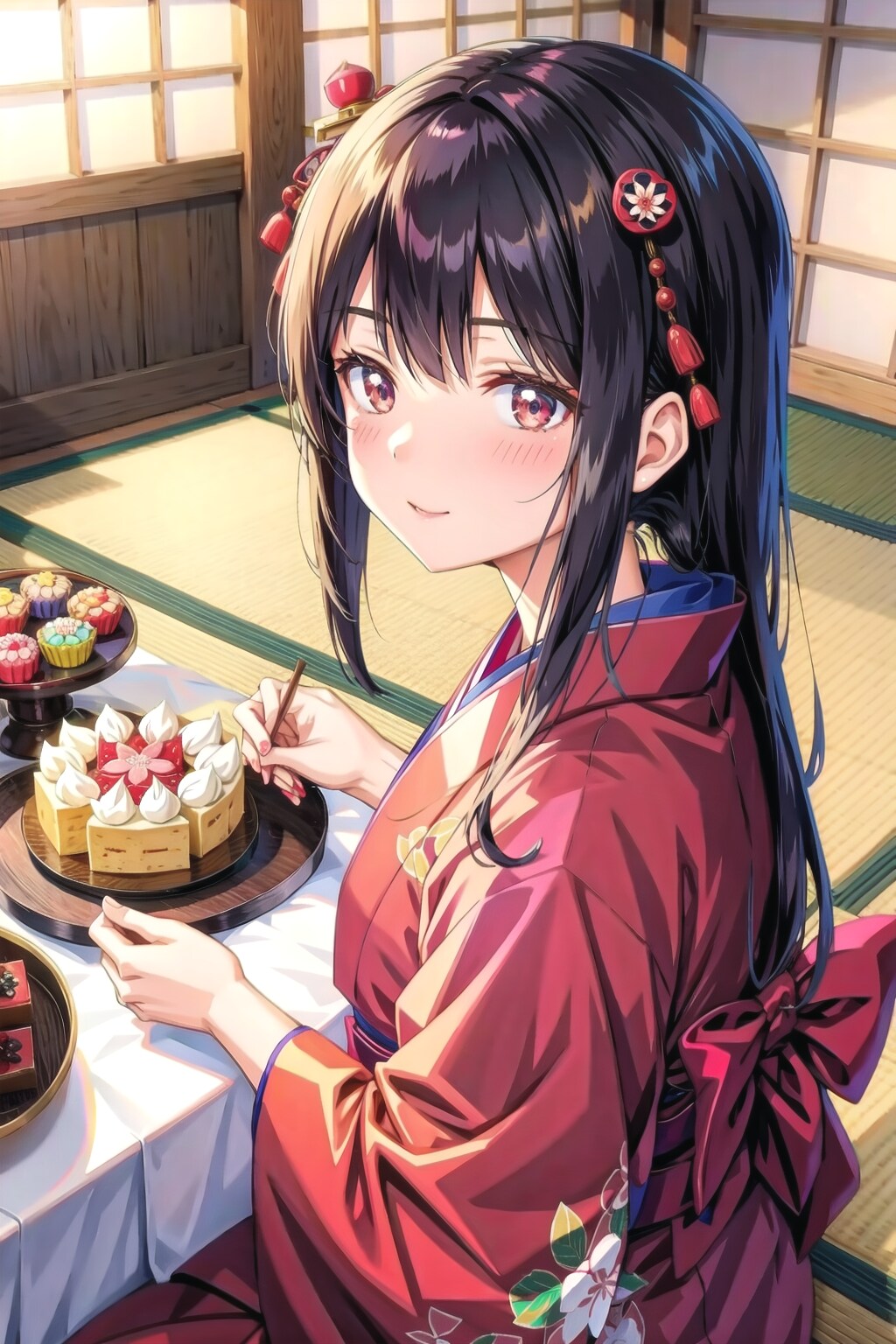 着物美人とケーキ