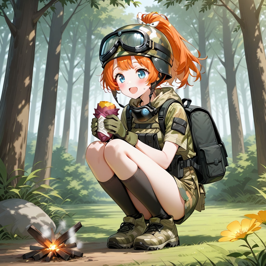 森の中で焼き芋を食べる少女