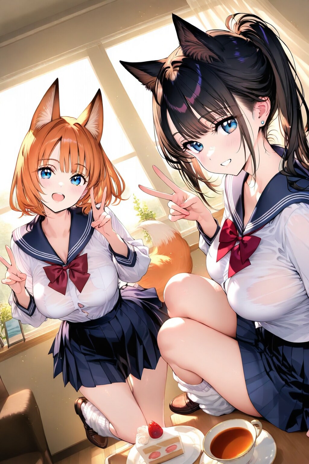 馴染みの喫茶店でスイーツタイムなセーラー狐ちゃんと猫ちゃん(1000♡記念)