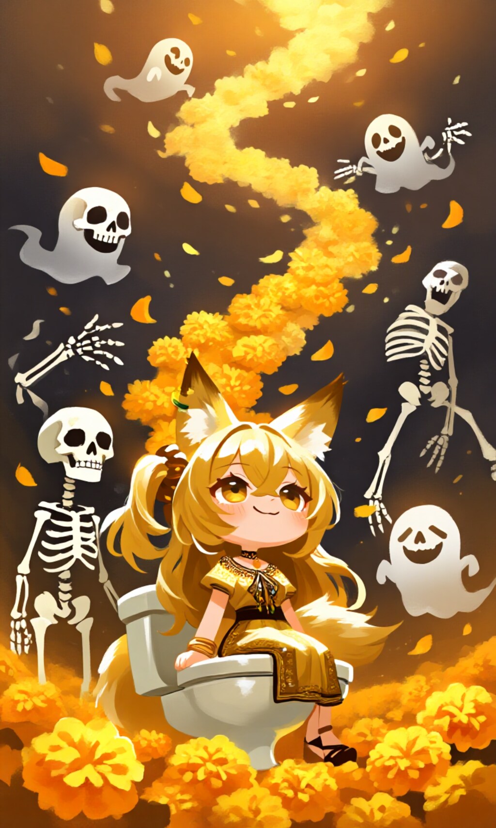 死者の日スペシャル！あの世の花道のど真ん中、狐娘がトイレで満面の笑み…スケルトンたちも思わずニッコリ！？