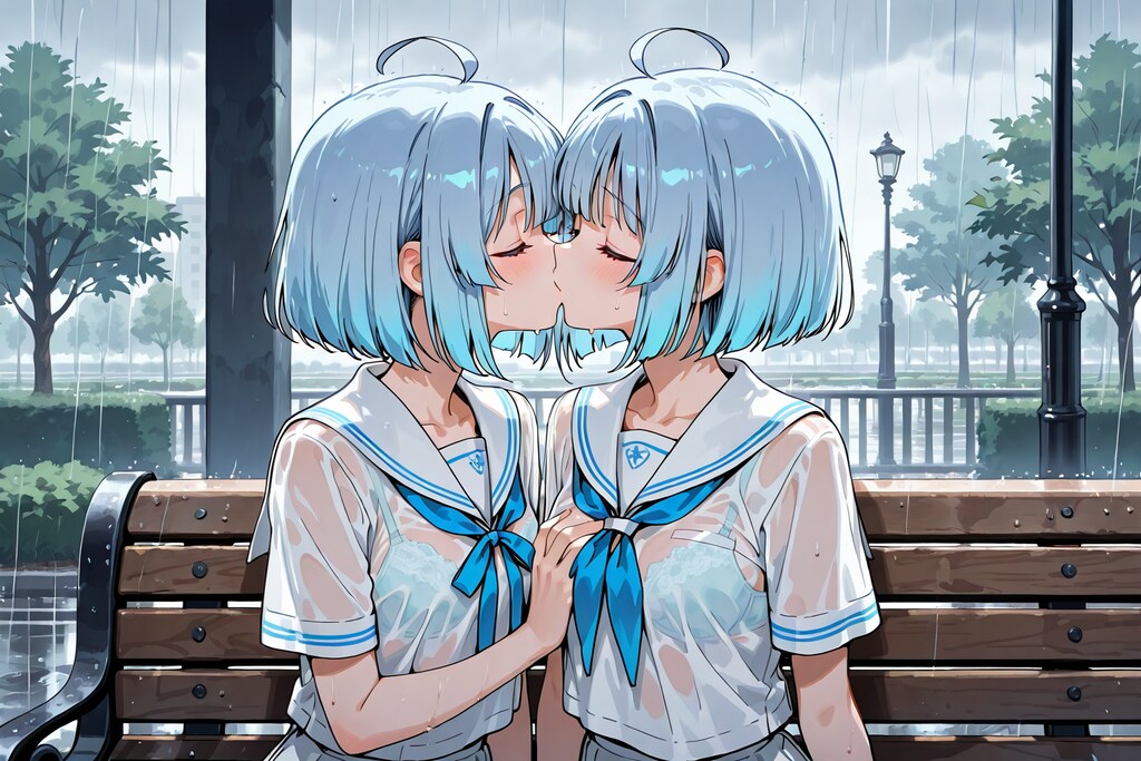公園での雨宿り中にキスする百合姉妹