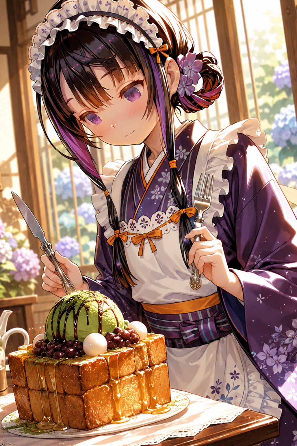 紫陽花ハニートースト(小倉抹茶白玉)