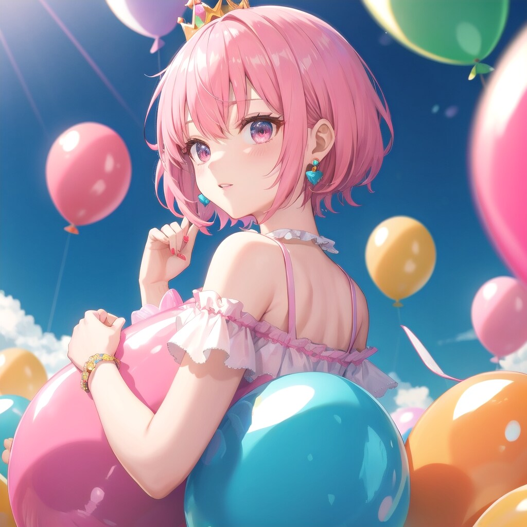 いっぱい風船を持つピンク髪ショートカットのお姫様。