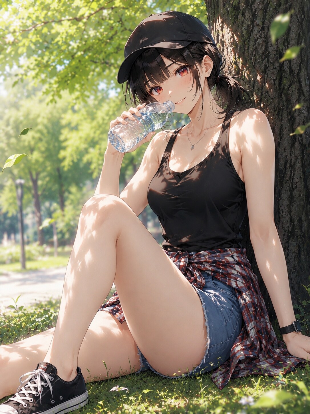 黒髪のホットパンツ美人