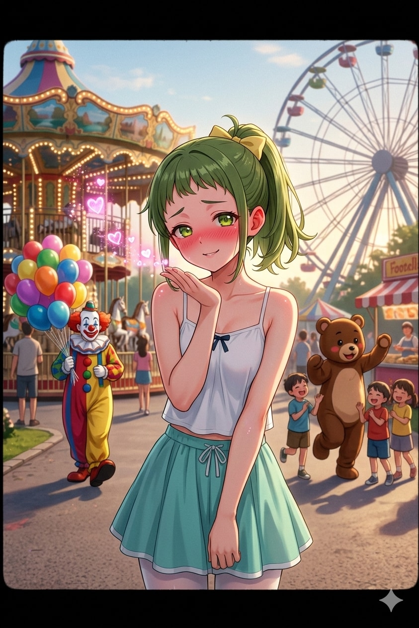 遊園地で緑髪ちゃん