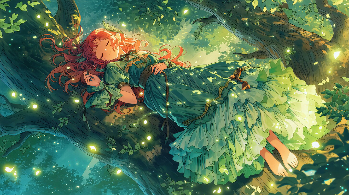 輝く森で眠る赤髪の少女 | の人気AIイラスト・グラビア