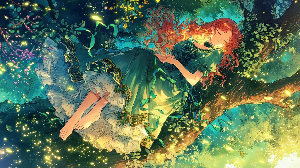 輝く森で眠る赤髪の少女