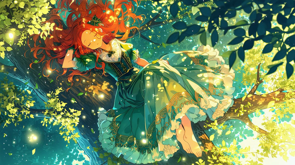 輝く森で眠る赤髪の少女
